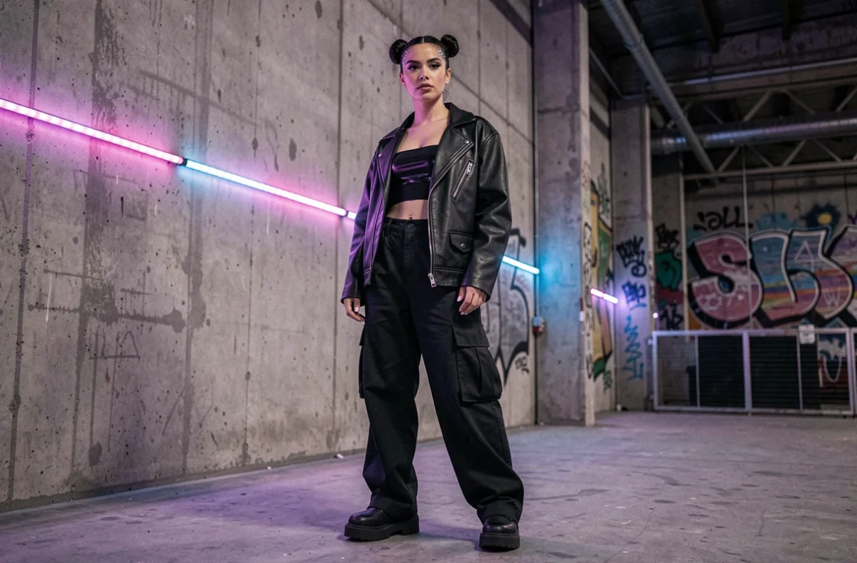 Jeune femme en tenue techno pouffe noire avec cargo pants et boots plateformes devant un entrepôt industriel style club berlinois