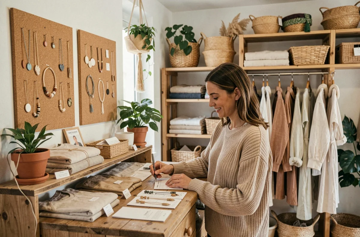 Boutique Loopita à Mimizan avec vêtements en coton bio, bijoux artisanaux et décor naturel en bois et plantes.