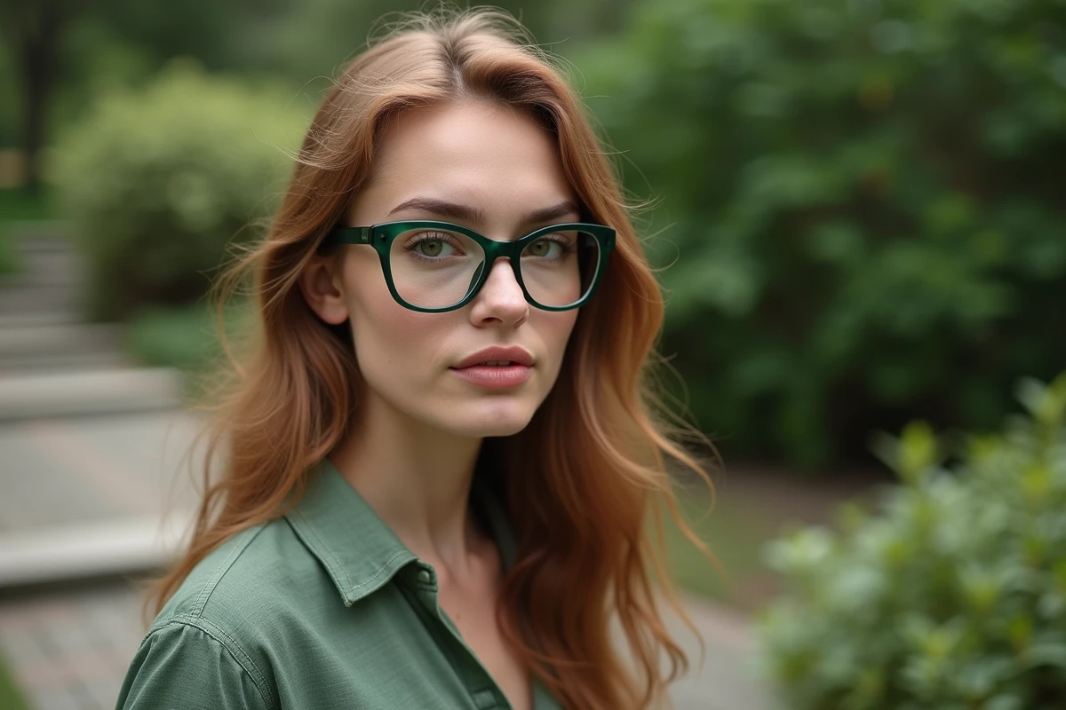 Jeune femme portant des lunettes tendance 2026 en acétate vert forêt façon cat-eye dans un jardin botanique