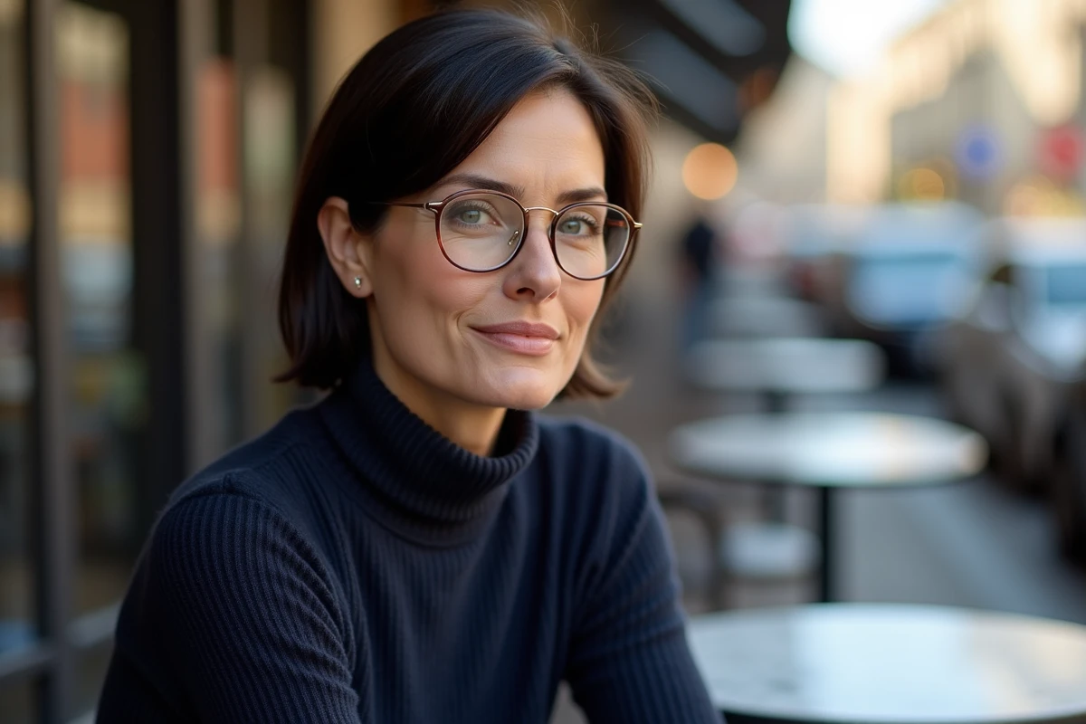 Femme mature avec lunettes sans monture en titane et détail pont rose gold attablée en terrasse de café urbain