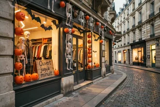 Devanture d'un magasin de costumes Halloween à Paris ouverte tard le soir, décorée de citrouilles et squelettes en papier