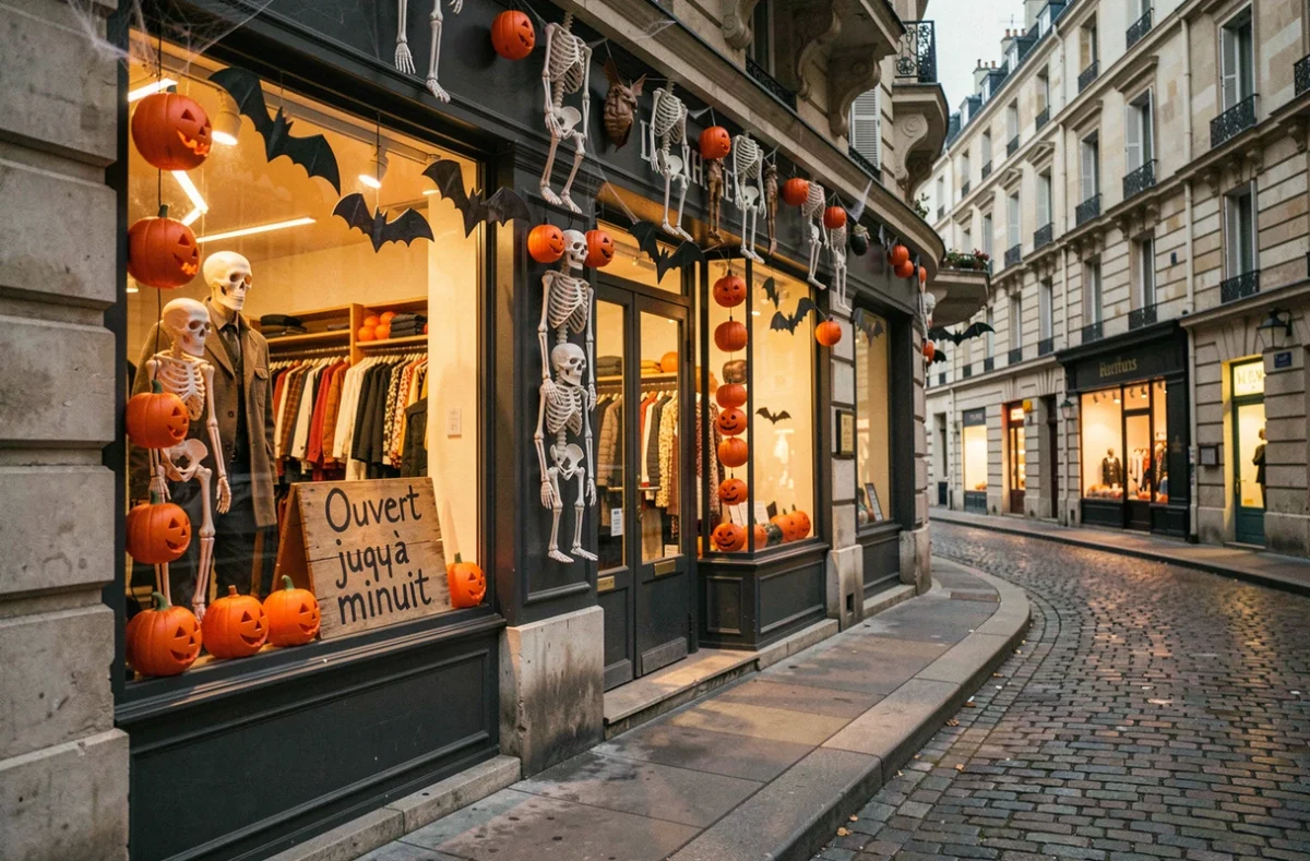 Devanture d'un magasin de costumes Halloween à Paris ouverte tard le soir, décorée de citrouilles et squelettes en papier