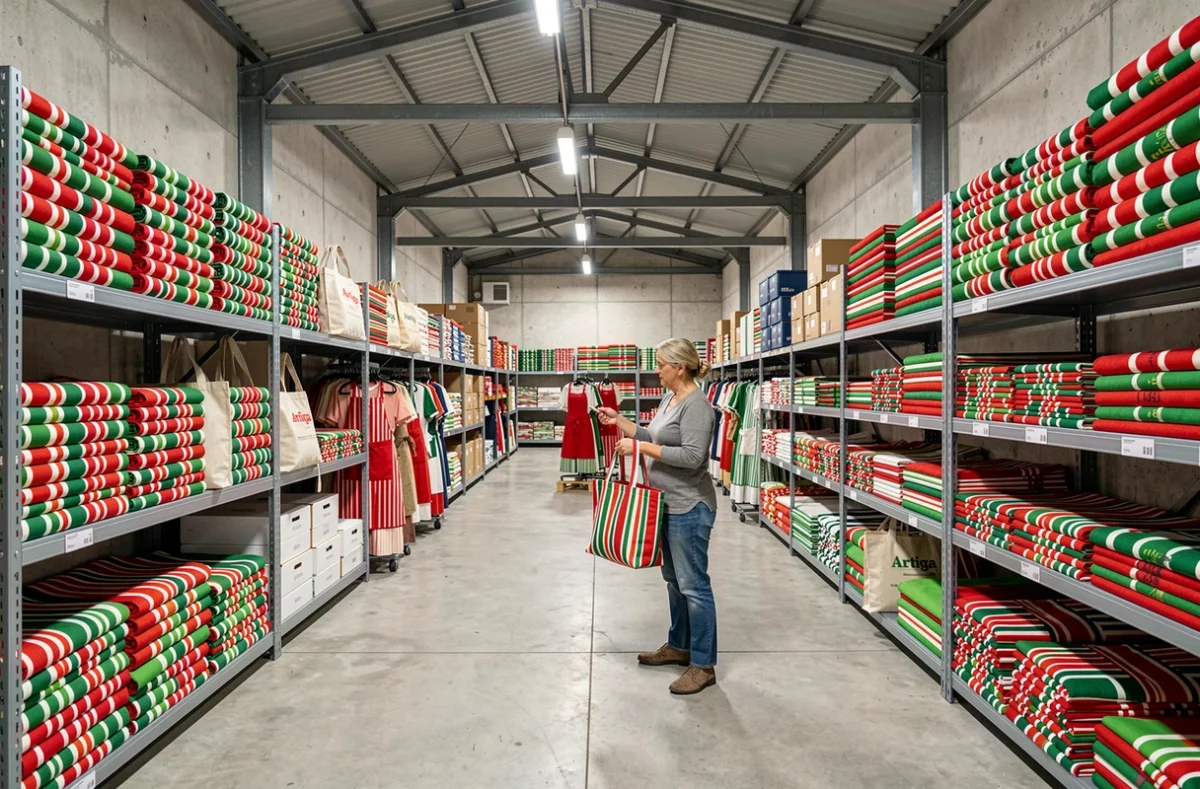Magasin d'usine Artiga à Magescq avec des tissus basques rayés colorés, sacs et tabliers traditionnels en vente directe.