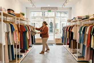 Femme grande taille faisant du shopping dans une boutique de vêtements en Normandie