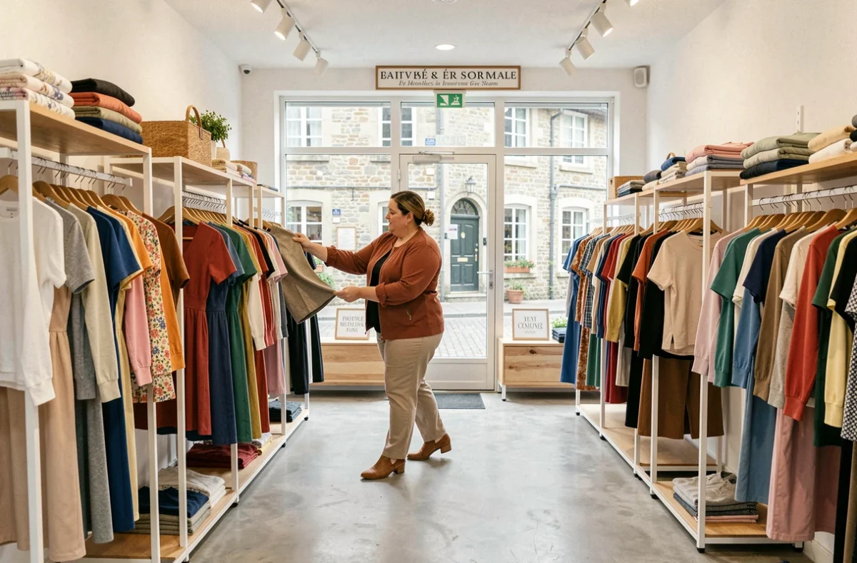 Femme grande taille faisant du shopping dans une boutique de vêtements en Normandie