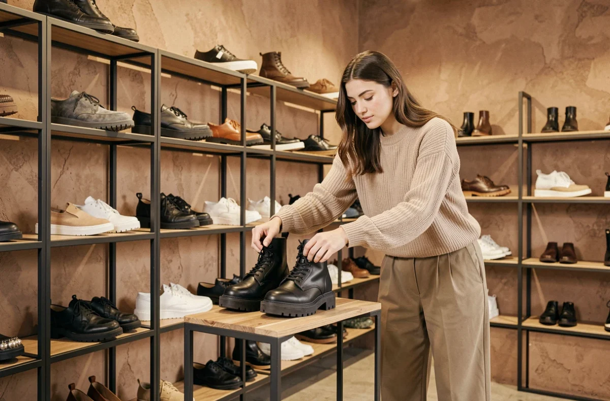 Intérieur de la boutique Maison Mère avec une sélection pointue de chaussures contemporaines sur des étagères métal épurées
