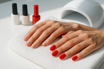 Photo hyperrealiste de deux mains avec manucure naturelle et colorée