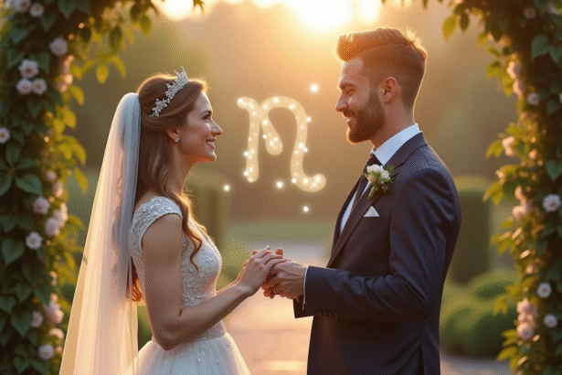 Couple heureux échangeant des alliances lors d'un mariage en plein air avec symbole zodiac Lis en arrière-plan