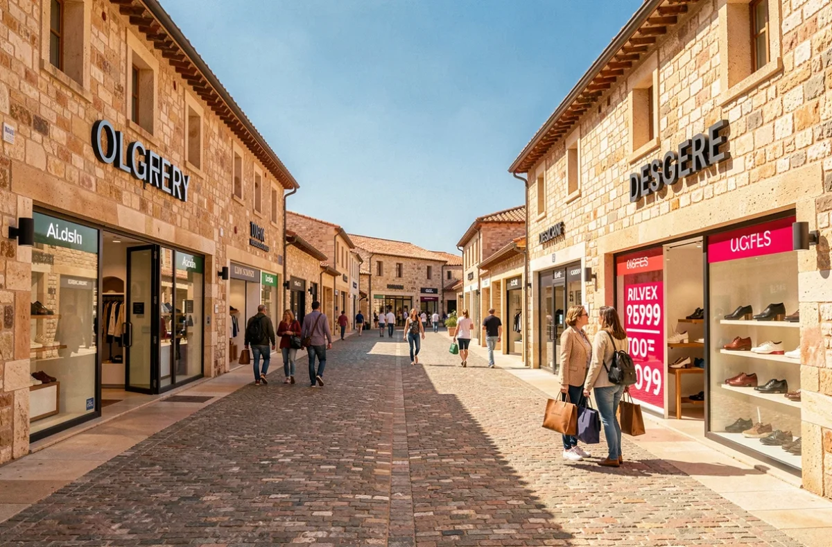 Village de marques McArthurGlen Provence avec des boutiques de chaussures de marque dans un cadre architectural provençal