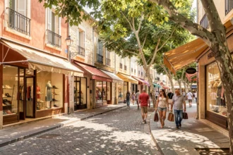 Vue d'une rue commerçante animée dans les Bouches-du-Rhône avec plusieurs boutiques de chaussures et des passants