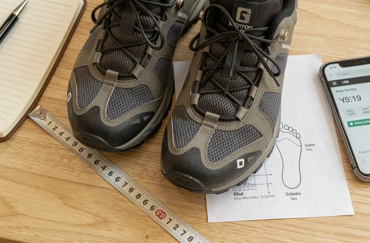 Chaussures Salomon posées à côté d'un guide de mesure de pointure et d'un mètre ruban sur un bureau en bois