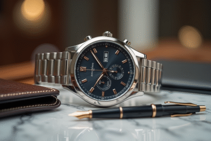 Montre de luxe élégante sur table en marbre avec portefeuille