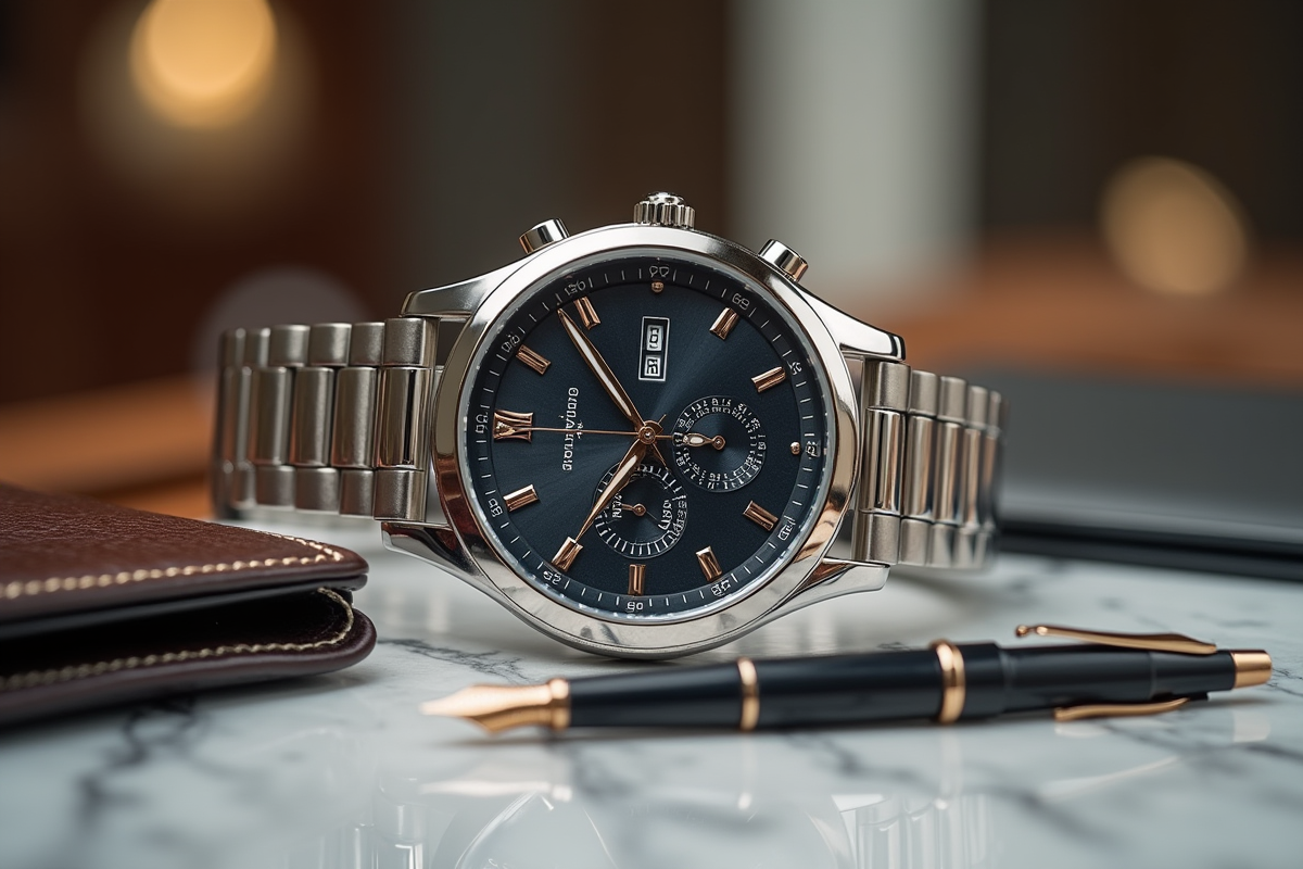 Montre de luxe élégante sur table en marbre avec portefeuille
