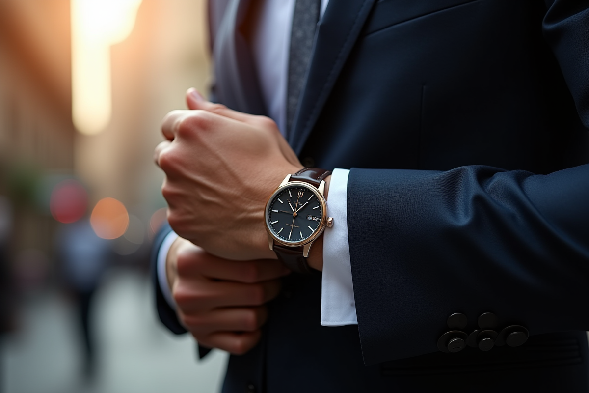 Montre haut de gamme portée lors d’un ajustement de costume en ville
