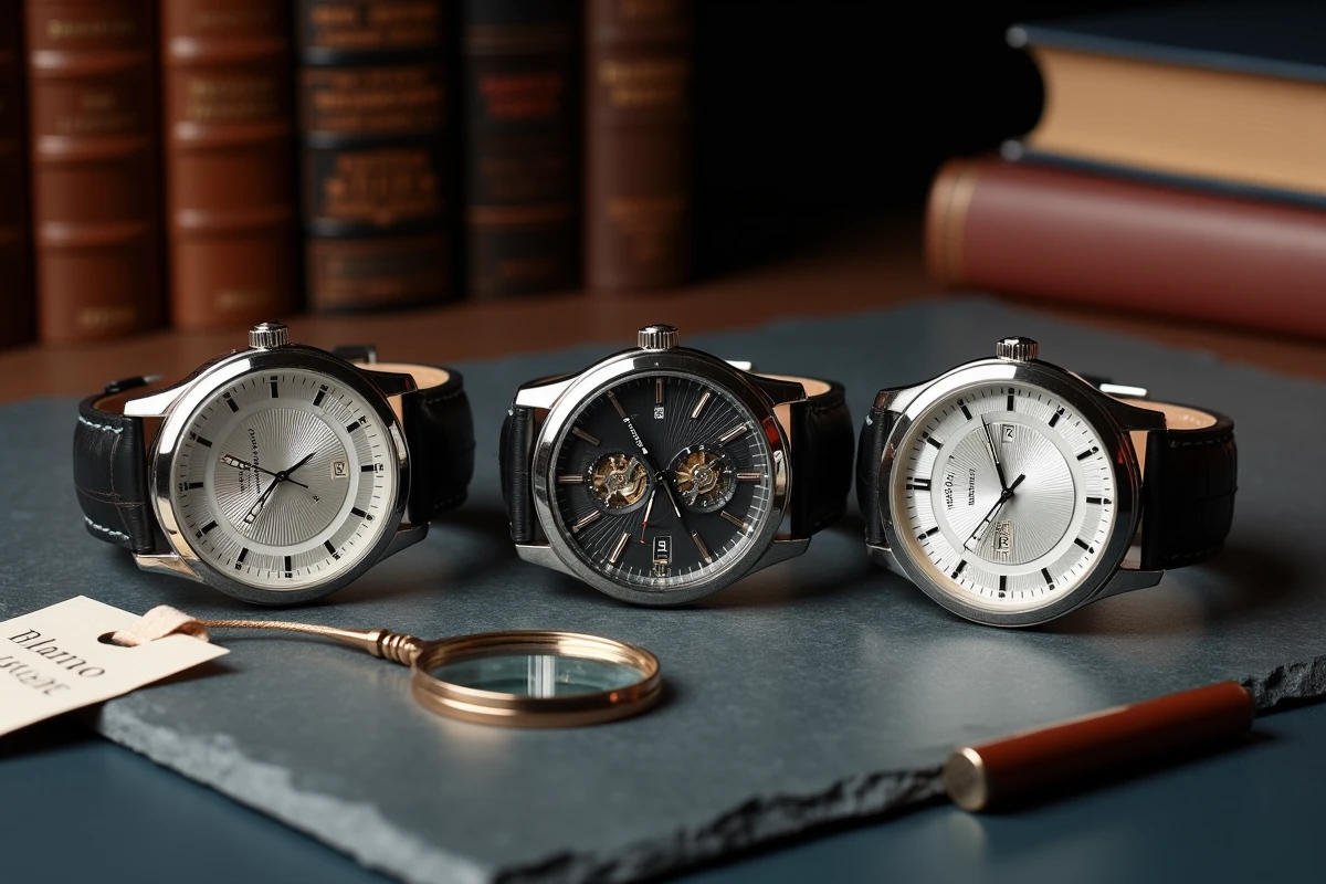 Trois montres de luxe haut de gamme sur ardoise grise illustrant les critères d'une vraie valeur horlogère