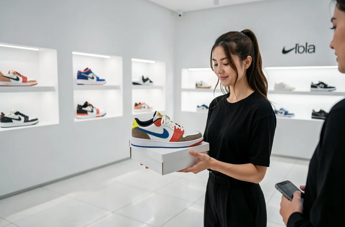 Intérieur épuré d'OS Sneakers avec des sneakers rares exposées dans des niches rétroéclairées