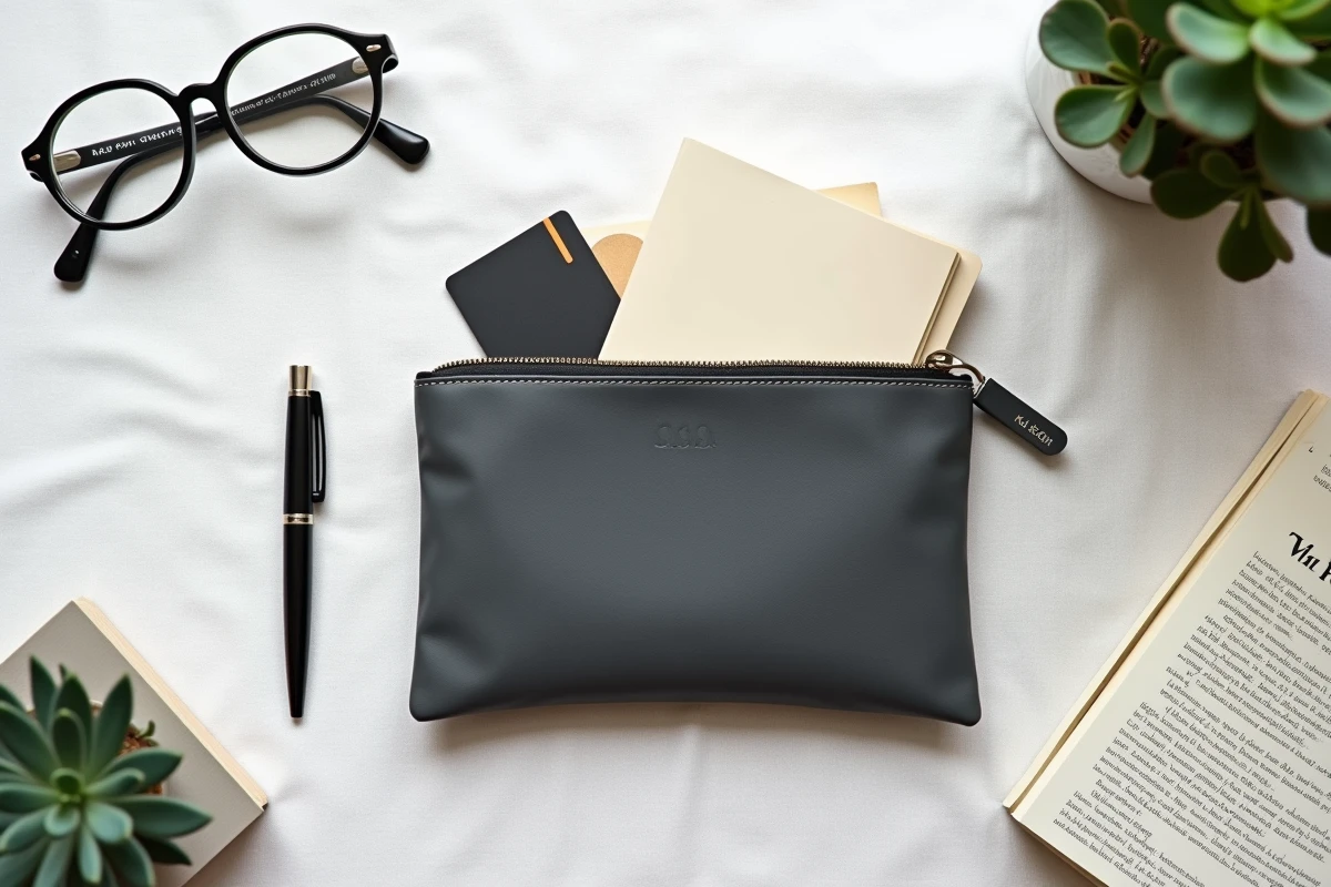 Pochette cuir slim homme grise avec stylo plume, cartes et documents organisés en flat-lay sur fond lin blanc