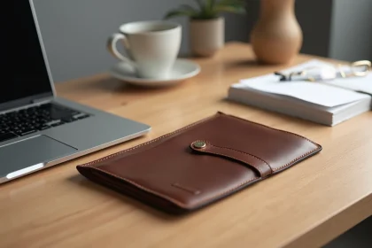 Pochette en cuir fin cognac ouverte sur un bureau minimaliste avec MacBook, révélant les compartiments intérieurs