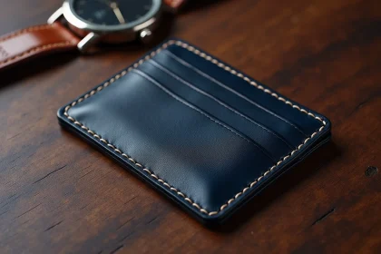 Porte-carte en cuir bleu marine pour homme posé sur bois foncé avec montre vintage, style bijou accessoire masculin