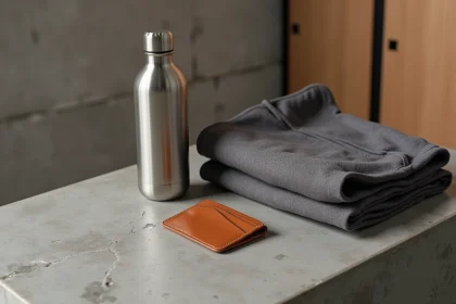 Porte-cartes homme en cuir slim posé sur un banc de vestiaire sport chic avec veste technique et gourde en inox