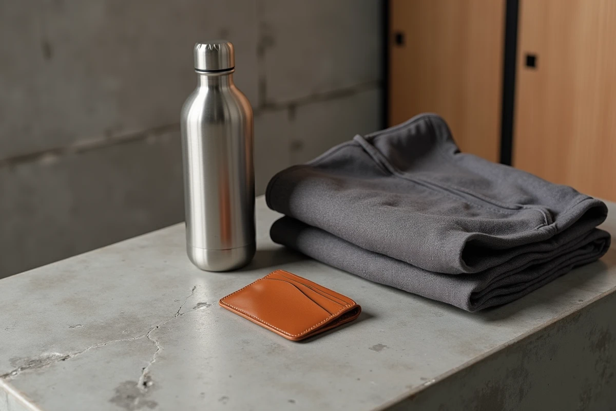 Porte-cartes homme en cuir slim posé sur un banc de vestiaire sport chic avec veste technique et gourde en inox