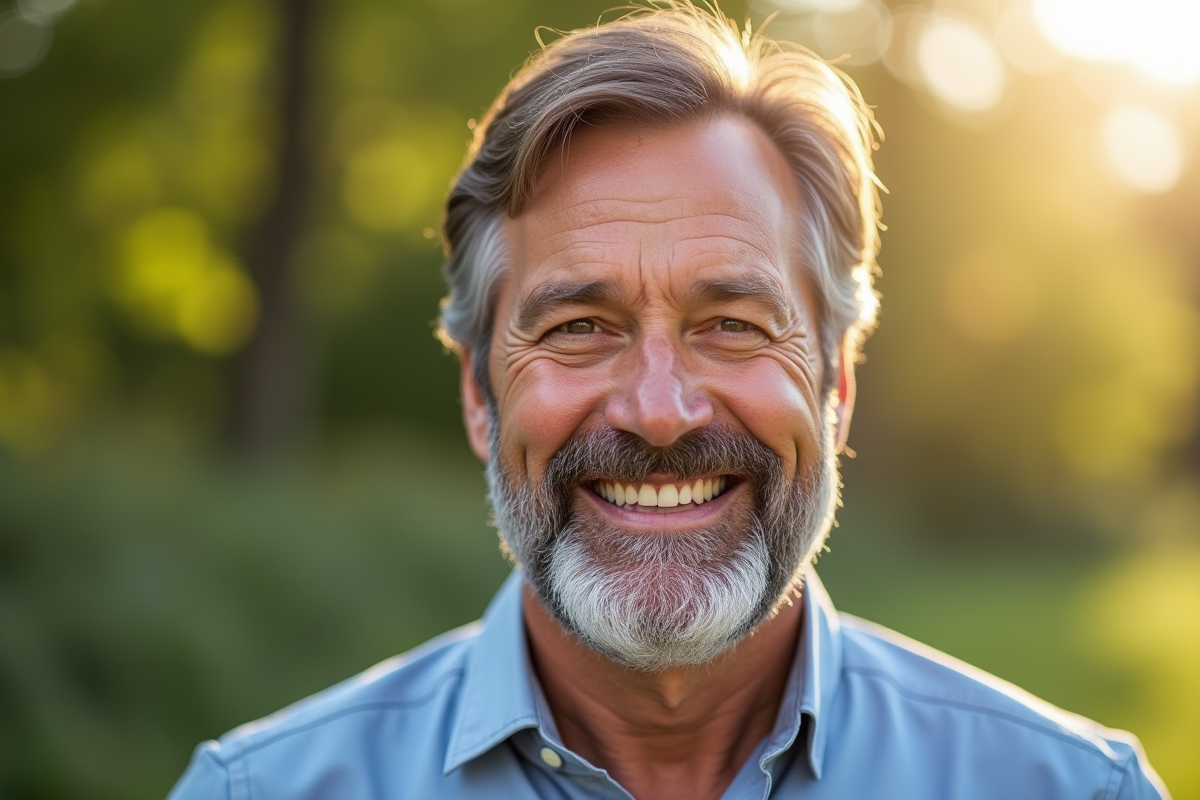 Homme mature souriant avec une barbe Van Dyke en extérieur ensoleille