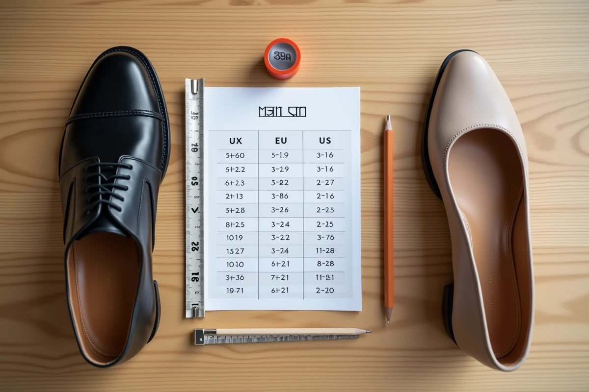 Pose à plat de chaussures homme et femme avec guide de correspondance des tailles UK EU et US sur surface en bois clair