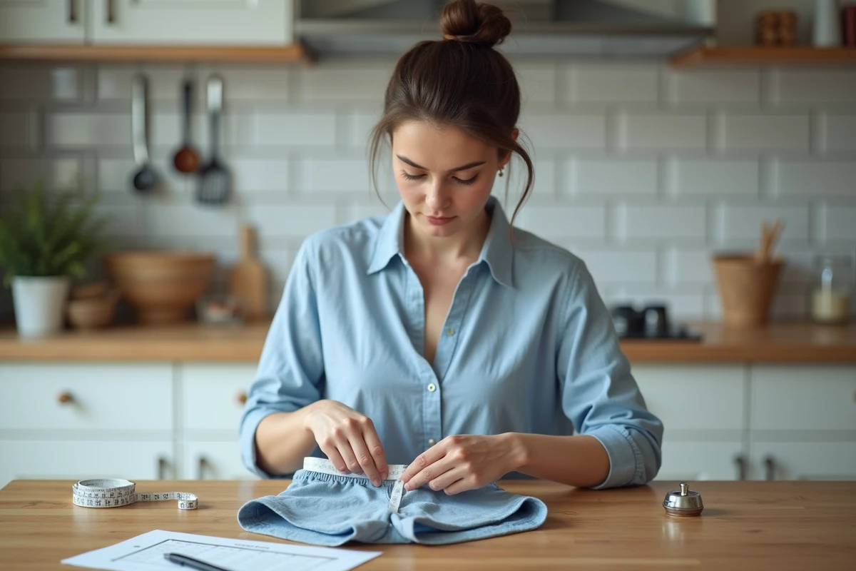 Femme prenant les mesures d'un boxer pour éviter les erreurs de taille lors d'une commande personnalisée