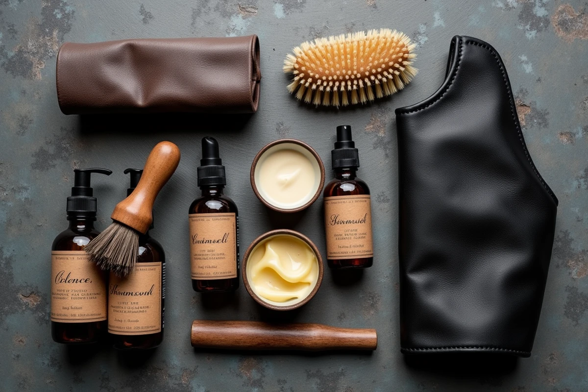 Flat-lay des produits et outils essentiels pour l'entretien d'un blouson en cuir sur fond ardoise