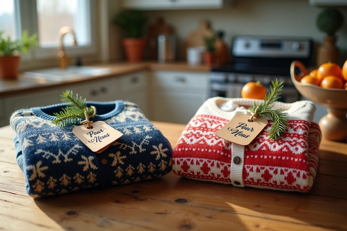 Pulls de Noël pliés sur une table en bois dans une cuisine lumineuse