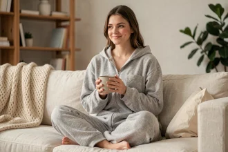 Jeune femme portant un pyjama pilou pilou gris chiné sur un canapé en lin crème, tenant une tasse en céramique, ambiance cocooning à la maison