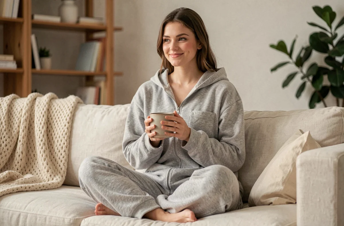 Jeune femme portant un pyjama pilou pilou gris chiné sur un canapé en lin crème, tenant une tasse en céramique, ambiance cocooning à la maison