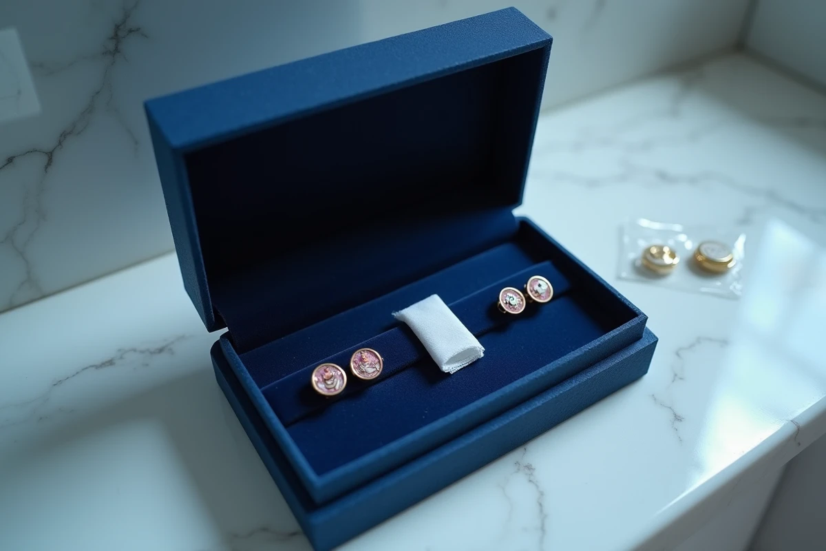 Rangement soigné de boucles d'oreilles Dragon Ball dans un écrin en velours bleu avec accessoires d'entretien