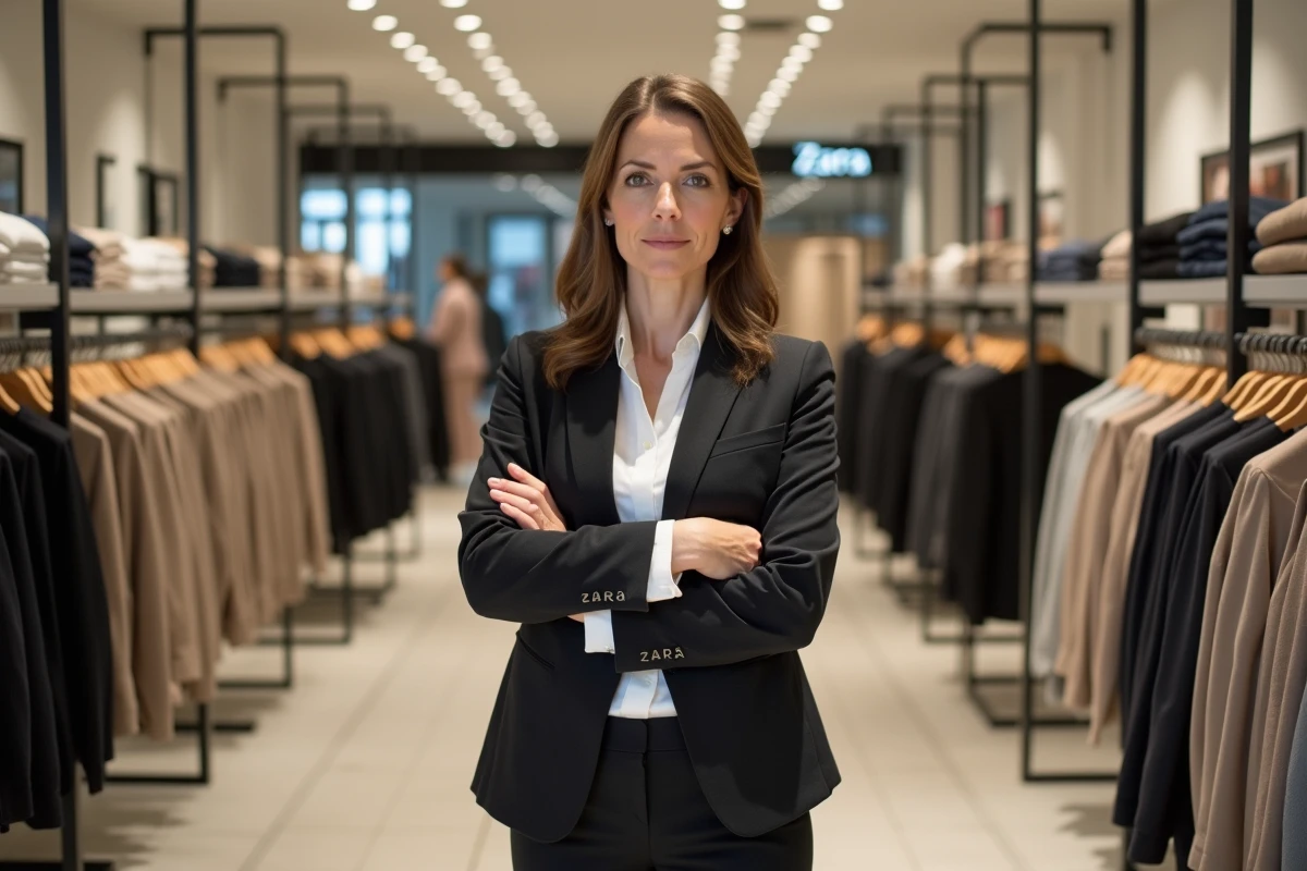 Responsable de magasin Zara debout entre les rayons de vêtements à l'intérieur d'une boutique