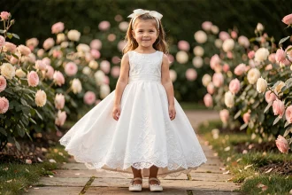 Fillette en robe blanche de cérémonie avec headband en satin ivoire et chaussures Mary Jane, photographiée dans un jardin fleuri