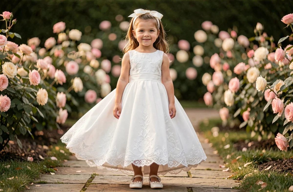 Fillette en robe blanche de cérémonie avec headband en satin ivoire et chaussures Mary Jane, photographiée dans un jardin fleuri