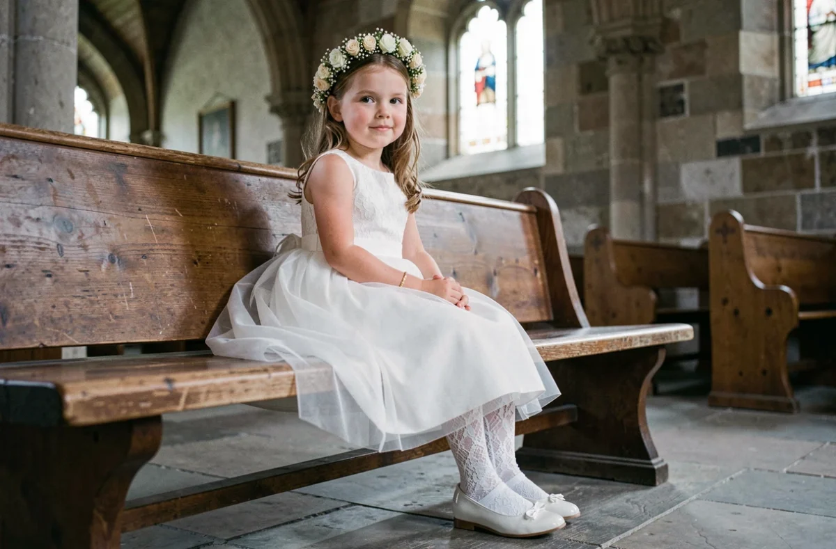 Petite fille assise en robe blanche cérémonie avec couronne de fleurs, bracelets dorés et socquettes en dentelle dans un vestibule d'église
