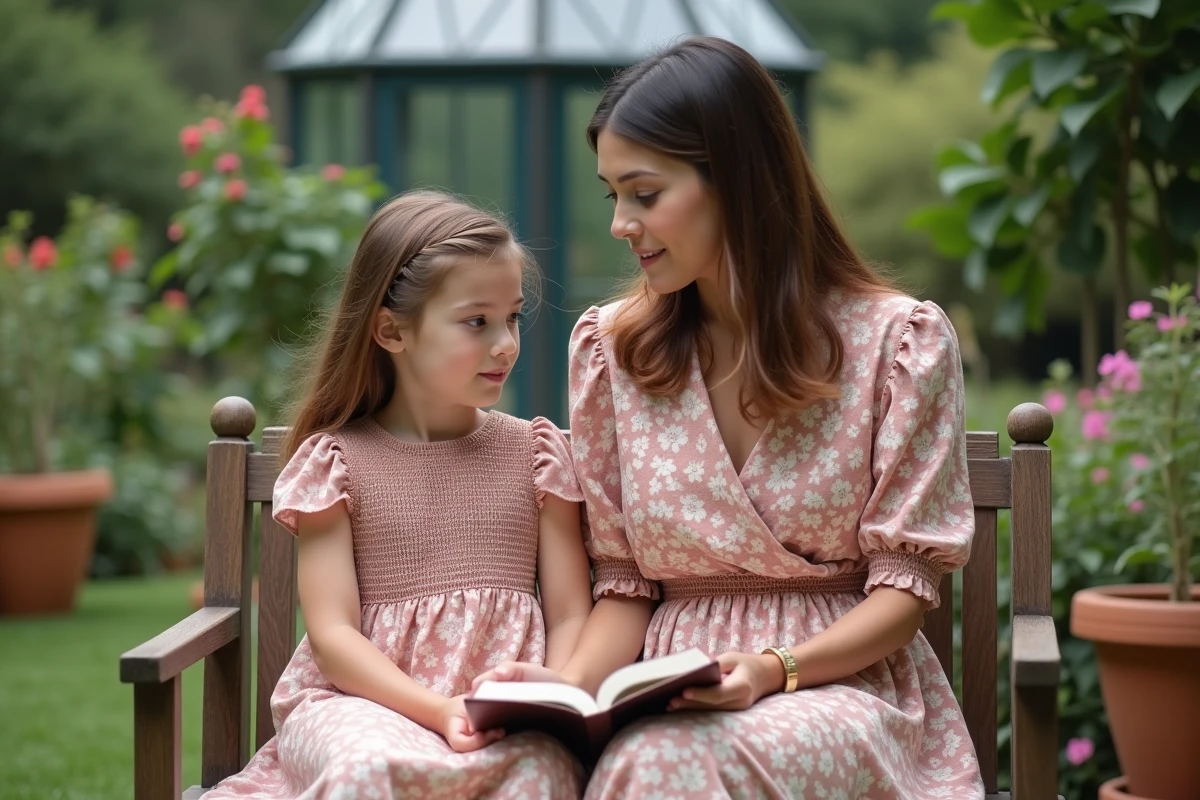 Mère et fille en robes fleuries coordonnées rose poudré assises sur un banc dans un jardin botanique, style matchy matchy romantique et discret