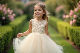 Fillette en robe de princesse ivoire brodée qui tournoie dans un jardin fleuri, robe tulle de qualité durable
