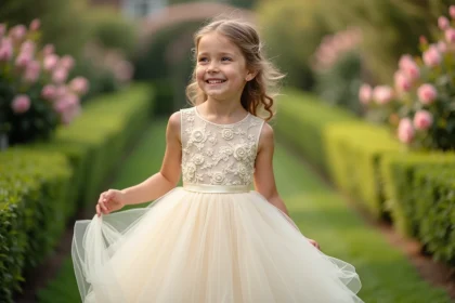 Fillette en robe de princesse ivoire brodée qui tournoie dans un jardin fleuri, robe tulle de qualité durable