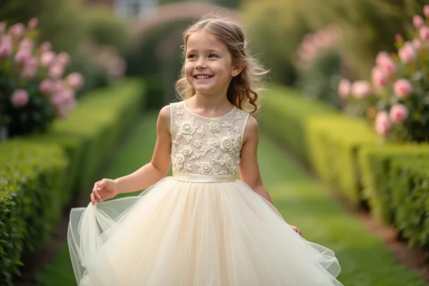Fillette en robe de princesse ivoire brodée qui tournoie dans un jardin fleuri, robe tulle de qualité durable