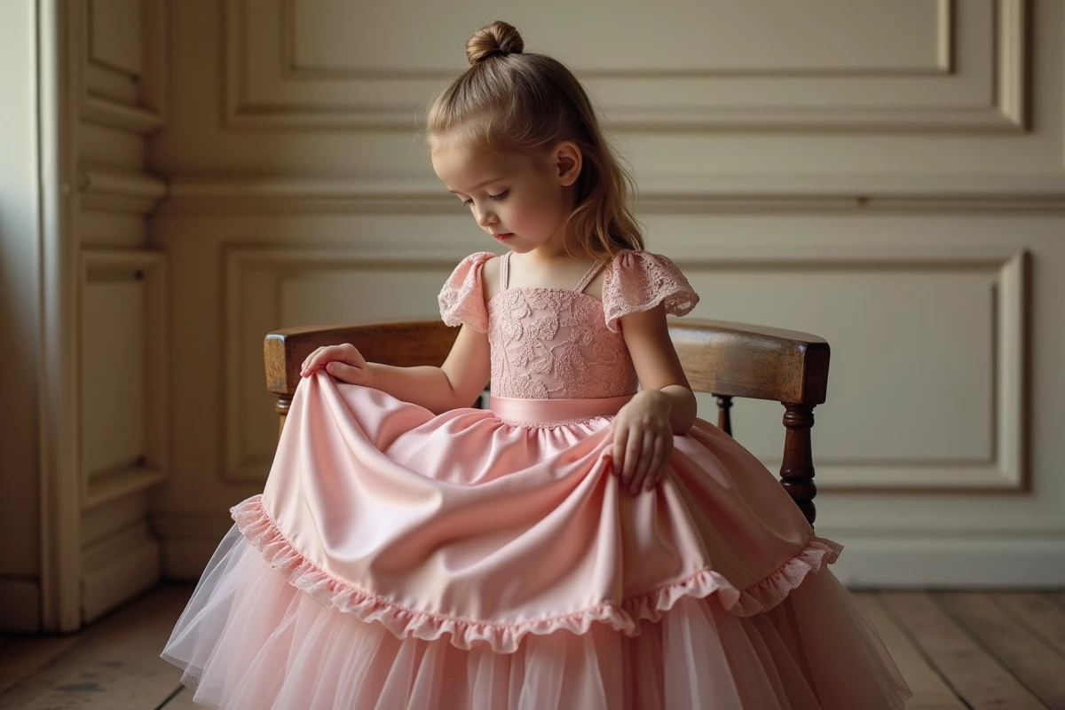 Petite fille assise en robe de princesse rose satiné sur un banc en bois vintage, tissu de qualité avec détails en dentelle