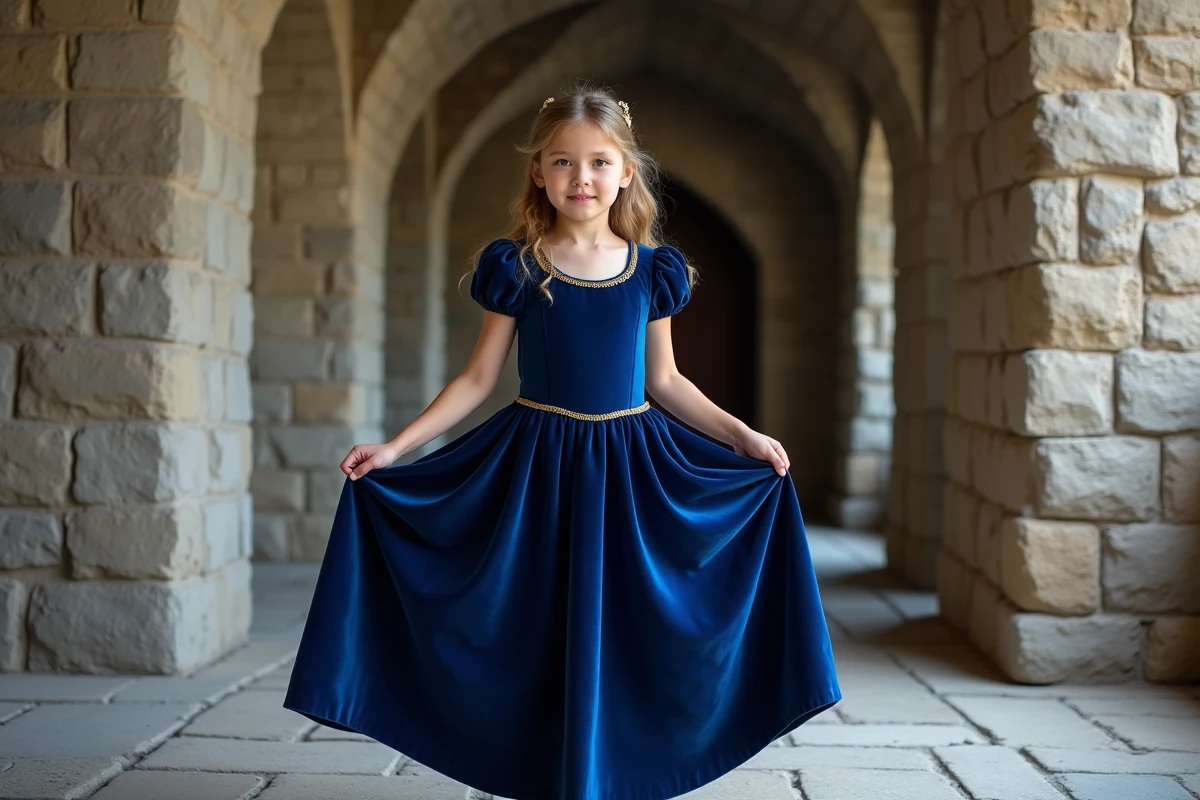 Fillette en robe de princesse velours bleu royal avec bordure dorée devant un couloir de château en pierre, robe de qualité durable