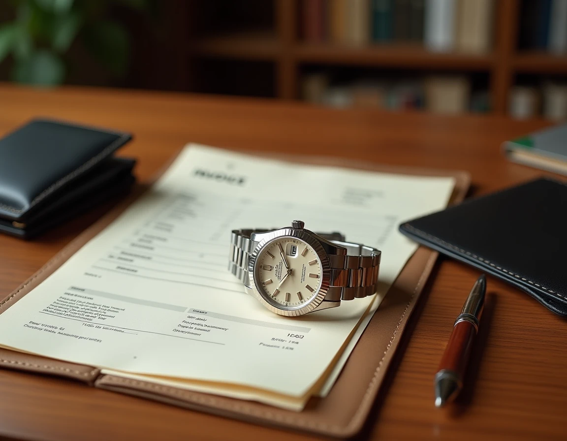 Montre Rolex Datejust posée sur un bureau en noyer avec une facture et un portefeuille en cuir noir