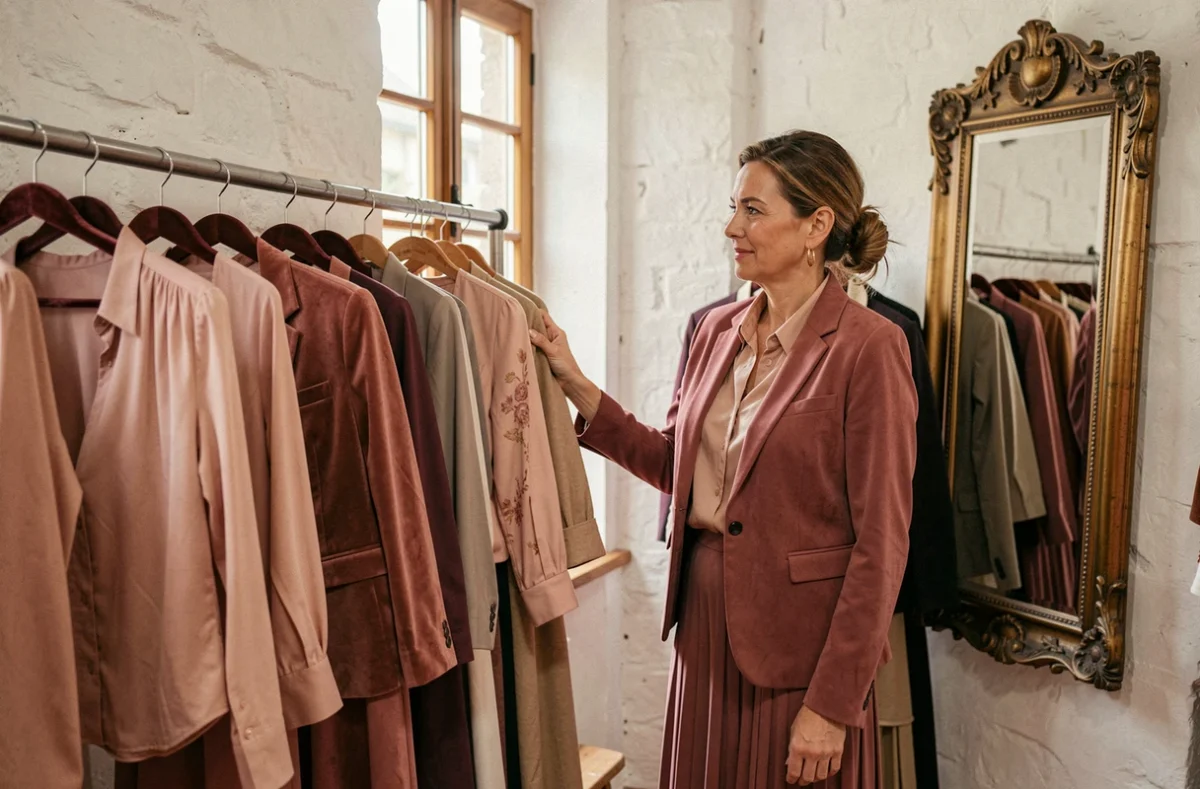 Rouge Garance à Mugron, boutique féminine élégante avec vêtements raffinés sur cintres veloutés dans un intérieur chaleureux bordeaux.