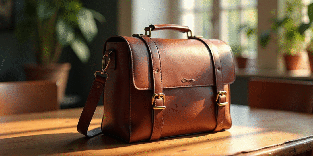 Sac vintage Paul Marius sur table en bois en plein jour