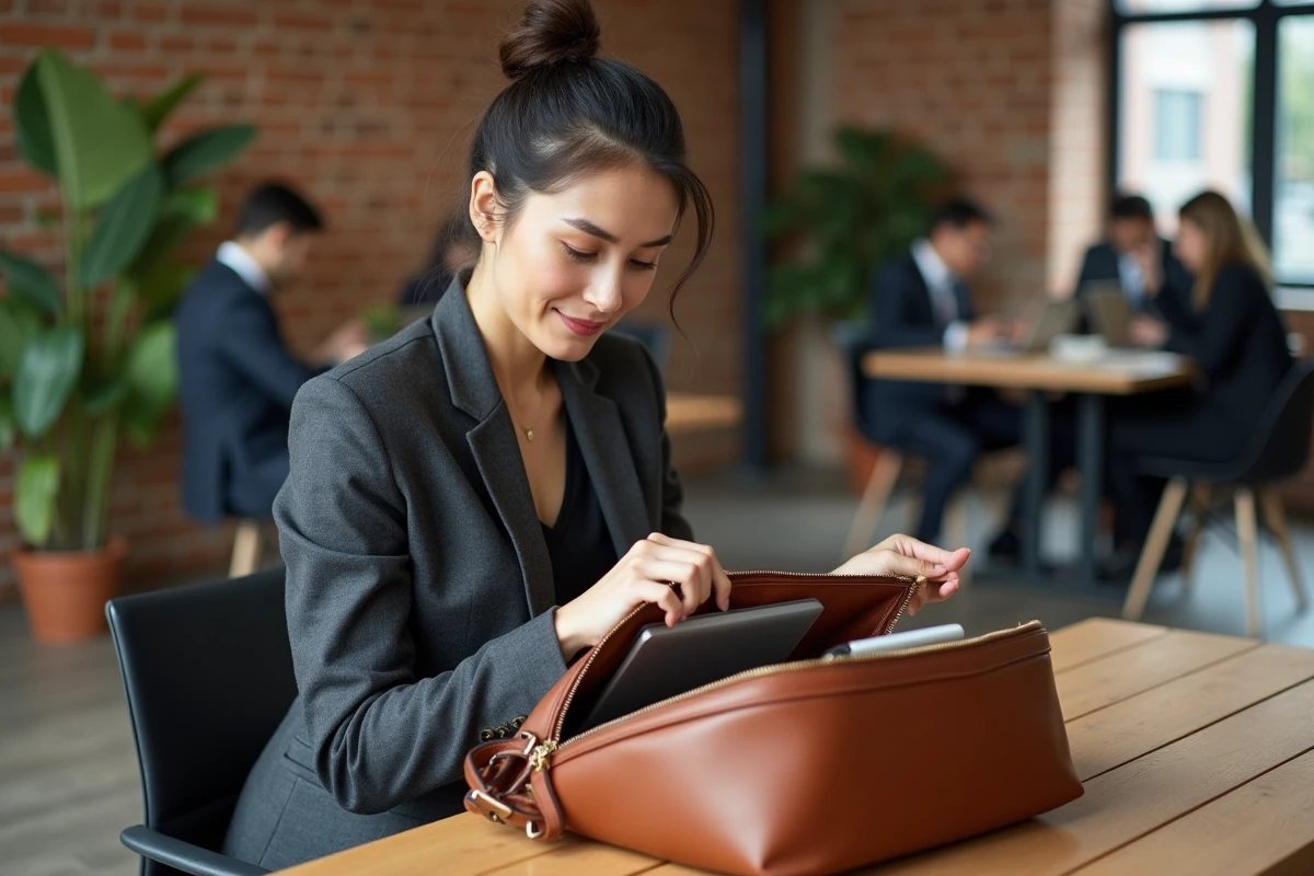 Femme professionnelle organisant documents et ordinateur dans une sacoche cuir cognac ouverte sur un bureau en bois en espace de coworking
