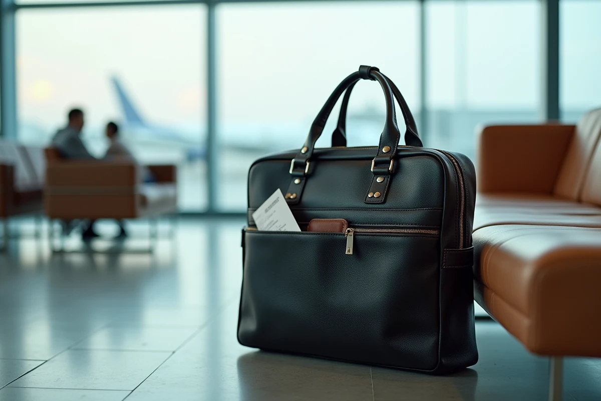 Sacoche cuir noire pour ordinateur et documents posée sur le sol d'un salon d'aéroport minimaliste avec carte d'embarquement visible
