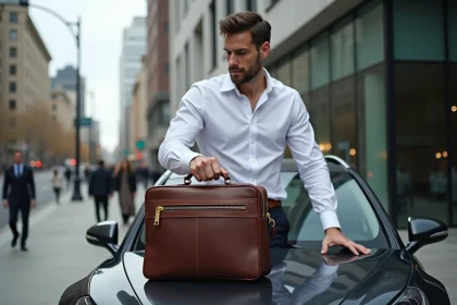 Professionnel en chemise blanche portant une sacoche cuir marron foncé pour ordinateur devant un immeuble de bureaux moderne