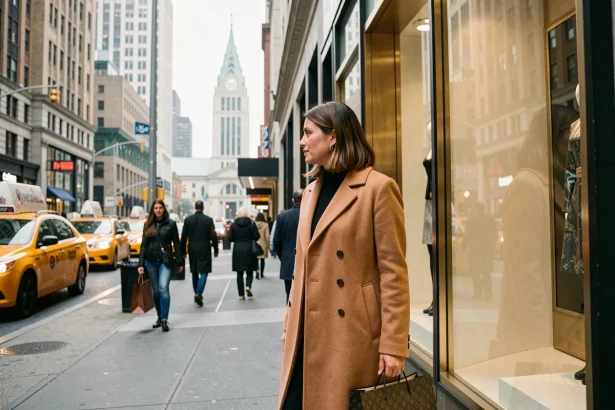 Femme élégante avec sac shopping devant une vitrine de luxe sur la 5e Avenue à New York